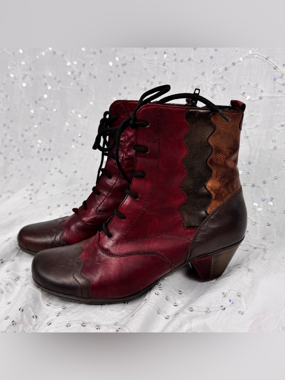 Remonte Leather Patchwork Ankle Boots Burgundy Brown Lace Up Size 39